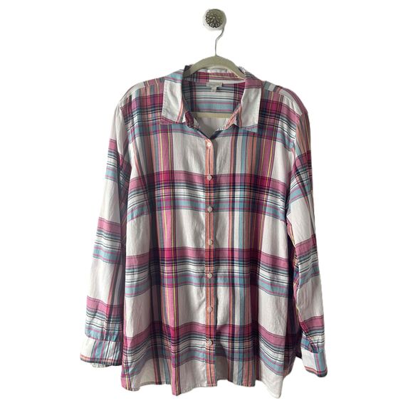 Talbots Shirt Womens Size 3X Pink BlueWindowpane Plaid Button Down Collared L/S - Picture 1 of 9